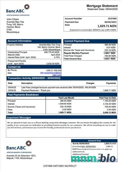 Mozambik African Banking Corporation wyciąg z kredytu hipotecznego szablon Word i PDF